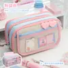 Nova Estojo de Lápis Transparente de Cor Contrastante Dupla Face Grande Capacidade de Aparência Elegante Estojo de Lápis para Estudante Armazenamento Multicamadas Bolsa para Material Escolar