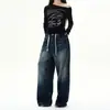 Pantalones vaqueros largos casuales de pierna ancha, pierna recta holgada, con cordón, estilo retro americano transfronterizo, azul desgastado, modernos para hombres y mujeres