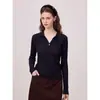 Suéter de punto minimalista estilo francés en color gris oscuro con cuello en V para mujer, otoño, casual de alta gama, ajuste ceñido, manga larga, camiseta básica