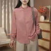 Camisa de algodón de gasa de doble capa con cuello mao para mujer, de manga larga, corte holgado, versátil y adecuada para el trabajo, camisa suave