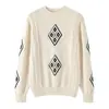 Suéter de punto jacquard con patrón de diamantes vintage de algodón puro para mujer, nuevo jersey grueso y cálido de otoño e invierno con un tacto de alta gama