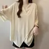 Camiseta Irregular de Manga Curta com Decote V Cruzado Plus Size para Mulheres, Novo Estilo de Verão, Caimento Solto, Emagrecimento, Cobre o Corpo, Top de Comprimento Médio