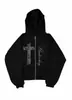Sudadera con capucha de manga larga, estilo callejero, cierre de cremallera, ajuste regular, estilo cruzado europeo y americano, nicho, estampado de pedrería, color negro