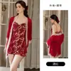 Rojo Deseo Puro Malla Profundo V Caliente Transparente Espalda Descubierta Fruncido Almohadillas Extraíbles en el Pecho Bata de Noche Atado Conjunto de Bata Exterior M7176