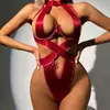 Lencería sexy de una pieza para mujer, con cuello halter, de atar, diseño calado, espalda descubierta seductora y body cruzado