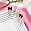 Rosa Nude Preto Laço Doce Manicure Estilo Fofo e Brincalhão Unhas Longas Usáveis 10 Peças de Adesivos de Unha Postiça