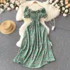 Vestido floral adelgazante estilo hada retro francés, fresco y sencillo, con cintura alta, cordón, cintura plisada y un bajo amplio acampanado