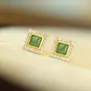 Pendientes Cuadrados Geométricos de Plata de Ley S925 con Jade Hetian para Mujer, Moda de Nuevo Estilo Chino, Lujo Ligero, Pendientes Simples y de Alta Gama
