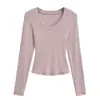 Camiseta Básica Sexy de Manga Larga con Cuello en V para Mujer, Favorecedora Cintura de Reloj de Arena, Elegante Camiseta Base, Top Ajustado