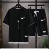 Camiseta de Gofres Estilo Hong Kong Traje Falso de Dos Piezas para Hombre Moda Suelta Talla Grande Pantalones de Cinco Piezas para Pareja Casual al Aire Libre