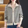 Cardigan de Tricô Listrado com Zíper Duplo Estilo Coreano Top Feminino Primavera Outono Inverno Novo Solto Elegante Camisa Suéter
