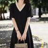 Vestido Negro de Seda de Morera para Mujer, Nuevo Estilo Verano 2026, Elegante Cuello en V, Adelgazante, Estilo Universitario, Vestido de Seda para Figuras Pequeñas