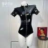Diyi Miao Si Lingerie Sexy com Abertura no Gancho Alta Elasticidade Couro Patentear Brilhante Body para Pole Dance Boate para Mulheres A688