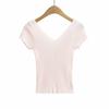 Z Elegante Ajuste Delgado Cuello en V Profundo Aspecto Adelgazante Mangas Volantes Manga Corta Delgada Tejido de Punto Camiseta Mujer Caqui Talla Única Rosa