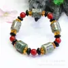 Pulseras para Hombres y Mujeres de Cuentas Dzi Sanjiu del Tíbet Pulsera de Estilo Étnico Retro Patrón de Dragón Rojo y Amarillo Cuentas Cilíndricas de Ágata Flor de Hielo