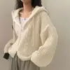Casaco suéter com capuz de tricô trançado, caimento solto, estilo coreano chique, tamanho grande, para outono/inverno, com zíper duplo, para mulheres