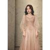 Vestido de Noche para Mujer 2026 Nuevo Estilo Color Champaña Elegante Vestido Largo para Banquetes, de Manga Larga, Gran Vestido de Noche para Reuniones Anuales, Verano