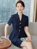 Azul marino Verano Manga Corta Cuello en V Traje Pequeño Chaqueta Faldas para Mujer Salón de Belleza Departamento de Ventas Joyería Ropa de Trabajo