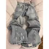 Jeans Street de Pierna Ancha Lavados Azul Claro Retro Americano Rasgados Pantalones Rectos Sueltos Nuevos Primavera y Verano 2025