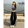 Calça Esportiva Casual Listrada Estilo Americano Plus Size 150kg para Mulheres, Fina de Cintura Alta Solta de Pernas Largas Comprimento Total Estilo Cimitarra para Primavera e Verão
