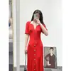 Vestido de Punto Largo Elegante Estilo Francés Femenino Marca S 026 Nuevo Modelo de Verano Manga Corta de Alto Gama Ceñido a la Cintura