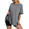 Camiseta holgada con abertura lateral y cuello redondo de algodón de color sólido con explosiones de estación independiente para mujer de verano transfronterizo de Europa y Estados Unidos 2024