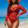 Lingerie sexy com jacquard em forma de coração, emendas em rede, recorte no busto, biquíni de peça única com mangas, traje de rede transparente sedutor atacado