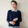 Suéter Feminino de Caxemira com Design Falso de Duas Peças, Gola Polo, Cardigã Tricotado, Caimento Solto, Suéter Versátil, Peça de Roupa Externa Estilosa
