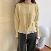 Rojo de Año Nuevo Tejido de Punto para Mujer Invierno Estilo Dulce Diseño Fruncido con Cordones Manga Larga Camiseta Base Top