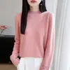 Suéter feminino de malha quente com gola semimang alta estilo Chanel e punhos de crochê vazados, 100% lã pura