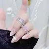 Anillo Abierto Exquisito de Nicho de Alta Gama con Esmalte Rosa Goteado de Aceite y Circonita Full Diamond para Mujeres