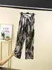 Calça de Perna Larga com Estampa de Tinta Feminina Verão Fina Guoxi Solta Emagrecimento Vertical Cintura Alta Casual Tie-Dye Reta