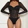 Mono de chica picante de malla transpirable con lentejuelas europeas y americanas para calle, sexy, transparente, con aro de acero, ajustado, de manga larga para otoño