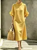 Vestido Feminino Solto Europeu e Americano Transfronteiriço com Babados e Gola Alta, Estilo Algodão Linho com Babados e Bolsos, Design de Cor Sólida