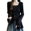 Camiseta de Manga Larga con Cuello Cuadrado y Lazo, Talla Grande para Mujer, Primavera y Otoño 2025, Nuevo Estilo Delgado y Holgado para Gorditas, Top de Nicho