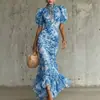 2026 Novo Estilo Vestido Longo Slim Fit Estampado com Mangas Bufantes Francesas Moda Transfronteiriça Europeia e Americana Vestido Plissado