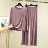 Conjunto de Dos Piezas para Mujer de Manga Larga con Adorno de Oreja de Madera, Camiseta Casual y Pantalones de Pierna Ancha, Conjunto de Dos Piezas de Cuello Redondo con Lazo, Estilo Nicho, Nuevo para Primavera y Verano