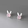 Pendientes de Conejo de Plata S999 para Mujer Piedra Lunar Casual Pequeño Temperamento Nuevo Rosa Accesorios para Orejas de Rosca