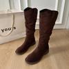 Botas Altas de Tacón para Mujer para Otoño e Invierno, Estilo Nuevo, Punta Redonda, Fruncidas, Efecto Adelgazante, Botas de Montar