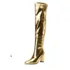Botas longas douradas e prateadas com saltos grossos e bico fino, botas over-the-knee em estilo europeu e americano, botas femininas de outono e inverno, comércio exterior transfronteiriço, tamanhos grandes, AliExpress
