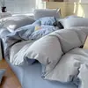 Juego de Cuatro Piezas de Algodón 100% Teñido en Hilo Lavado, Algodón Puro, Sin Estampar, Productos de Calidad Suministrados de Fábrica, Funda Nórdica, Ropa de Cama Estilo Japonés, Sábana Ajustable al por Mayor