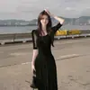 Vestido de Verão Feminino com Franzido e Elasticidade Saia Longa Confortável Emagrecedor Alto Linha A Decote U Ajustado Barra Larga