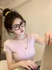 Camiseta Rosa de Tricô com Trançado Vazado e Decote V de Manga Curta Estilo Coreano para Mulheres, Verão, Puro Desejo, Slim Fit, Top Curto Único e Bonito