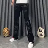 Estilo Nuevo Moda de Comercio Exterior Tendencia Jeans Acampanados para Hombre Ajustados Slim Fit Bordados Negros Elásticos de Cintura Media Marca de Tendencia Algodón