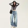 Jeans Anchos Lavados Arrugados Estilo Americano para Mujer, Nuevo Estilo de Verano, Sueltos y con Caída, Pantalones Versátiles de Cintura Alta, Pierna Recta, Largo hasta el Suelo