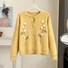 Cardigan de tricô redondo estiloso com flores tridimensionais para mulheres, estilo outono e inverno, jaqueta suéter de crochê feita à mão, branco, tamanho único