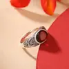 Yuebao Joyería Plata Pura S999 Ámbar Rojo Anillo Huevo Hoja de Bambú Vieja Retro Nuevo Estilo Étnico Chinoiserie
