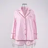 Pijama Longo de Listras Estilo Europeu e Americano para Primavera e Verão para Mulheres, Roupa de Casa, Confortável, Respirável, Conjunto Fino de Duas Peças para Usar por Cima