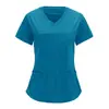 Ropa de Trabajo Estilo Enfermera Europea y Americana Transfronteriza Camisa de Color Puro Cuello en V Pantalones con Bolsillo Grande de Solapa Camiseta de Manga Corta Talla Estándar/Talla Grande para Mujer