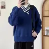 Suéter de punto con diseño de cuello en V irregular para hombre y mujer, nuevo estilo otoño e invierno, holgado y casual, con colores contrastantes, top versátil